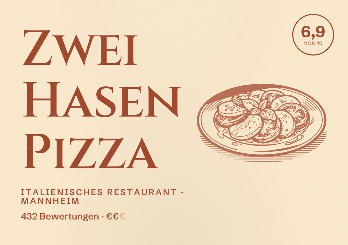 Illustriertes Poster von Zwei Hasen Pizza, Italienisches Restaurant in Mannheim: Bewertung 6,9 von 10 aus 432 Bewertungen, Preisniveau €€