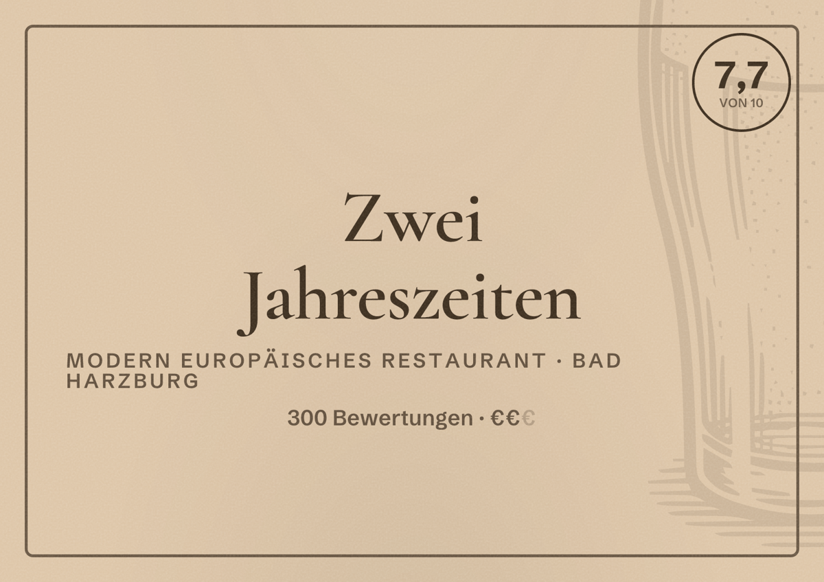 Illustriertes Poster von Zwei Jahreszeiten, Modern europäisches Restaurant in Bad Harzburg: Bewertung 7,7 von 10 aus 300 Bewertungen, Preisniveau €€