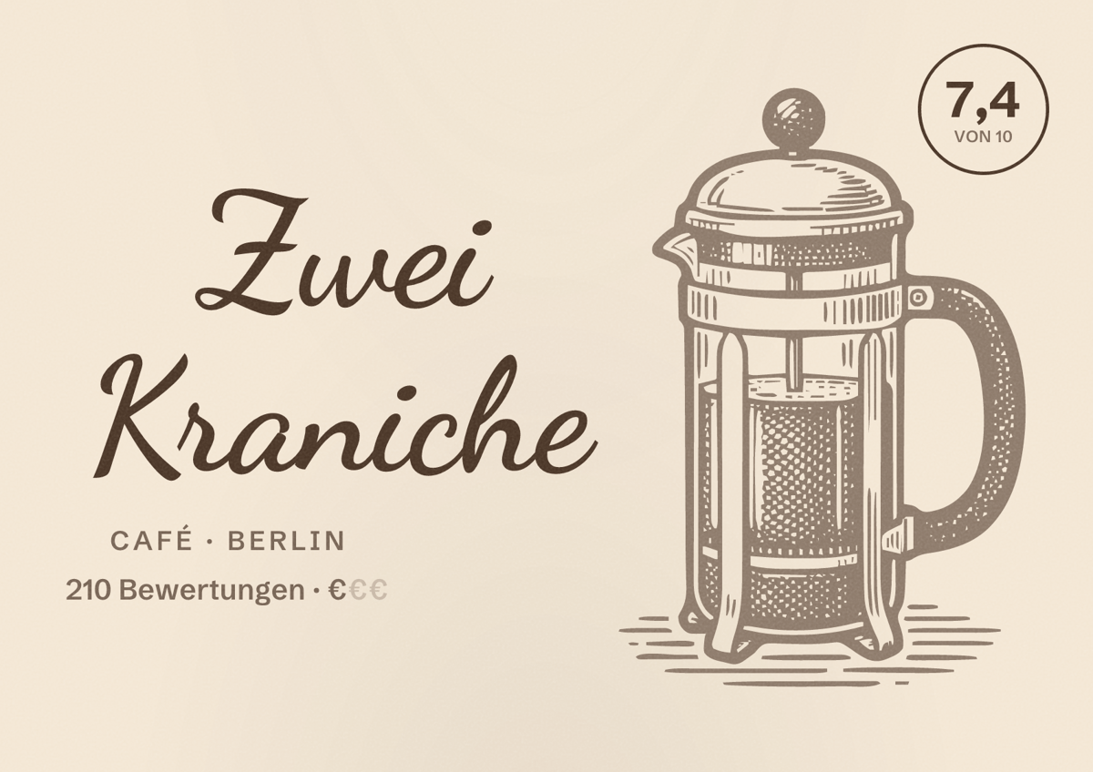 Illustriertes Poster von Zwei Kraniche, Café in Berlin: Bewertung 7,4 von 10 aus 210 Bewertungen, Preisniveau €
