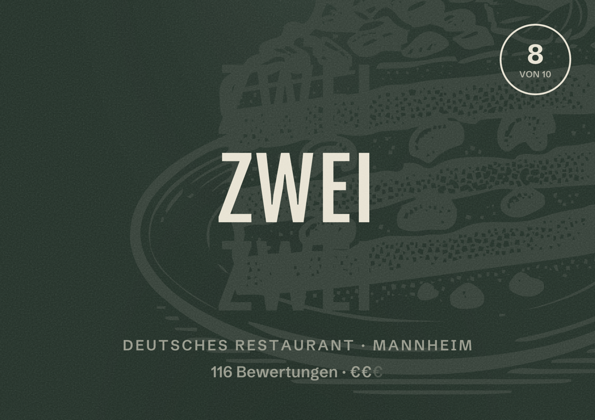 Illustriertes Poster von zwei, Deutsches Restaurant in Mannheim: Bewertung 8 von 10 aus 116 Bewertungen, Preisniveau €€
