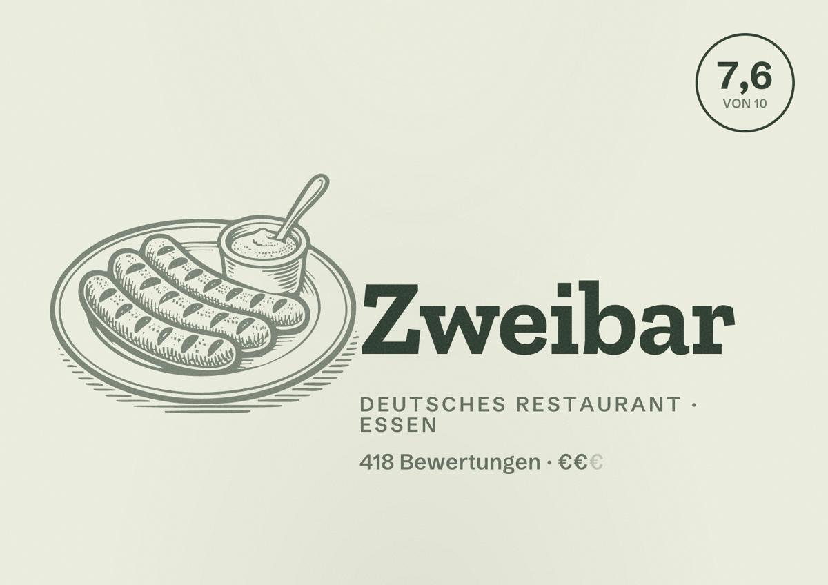 Illustriertes Poster von Zweibar, Deutsches Restaurant in Essen: Bewertung 7,6 von 10 aus 418 Bewertungen, Preisniveau €€