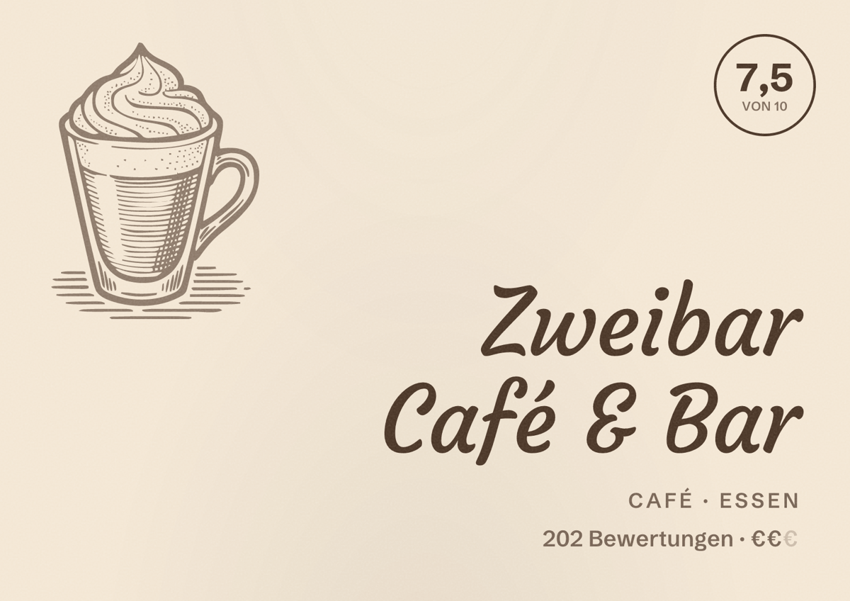 Illustriertes Poster von Zweibar Café & Bar, Café in Essen: Bewertung 7,5 von 10 aus 202 Bewertungen, Preisniveau €€