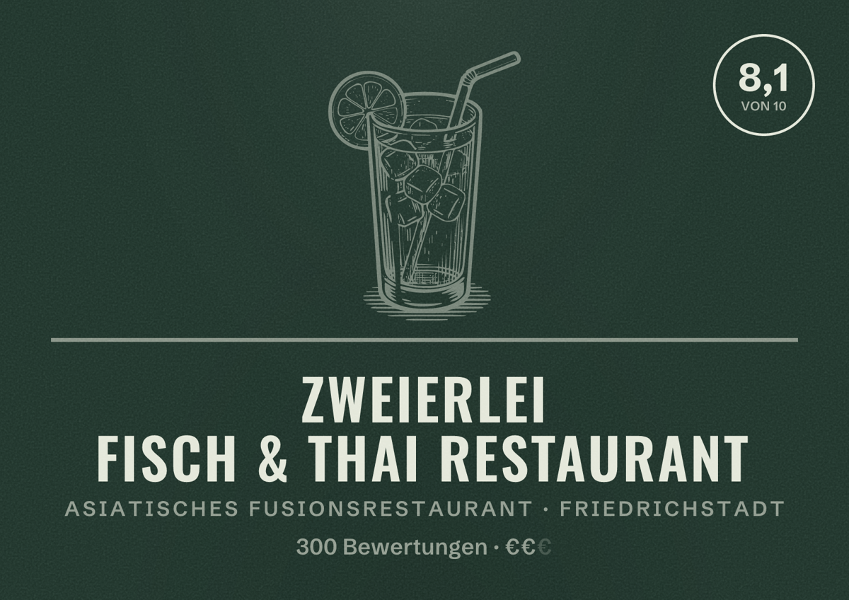 Illustriertes Poster von Zweierlei Fisch & Thai Restaurant, Asiatisches Fusionsrestaurant in Friedrichstadt: Bewertung 8,1 von 10 aus 300 Bewertungen, Preisniveau €€