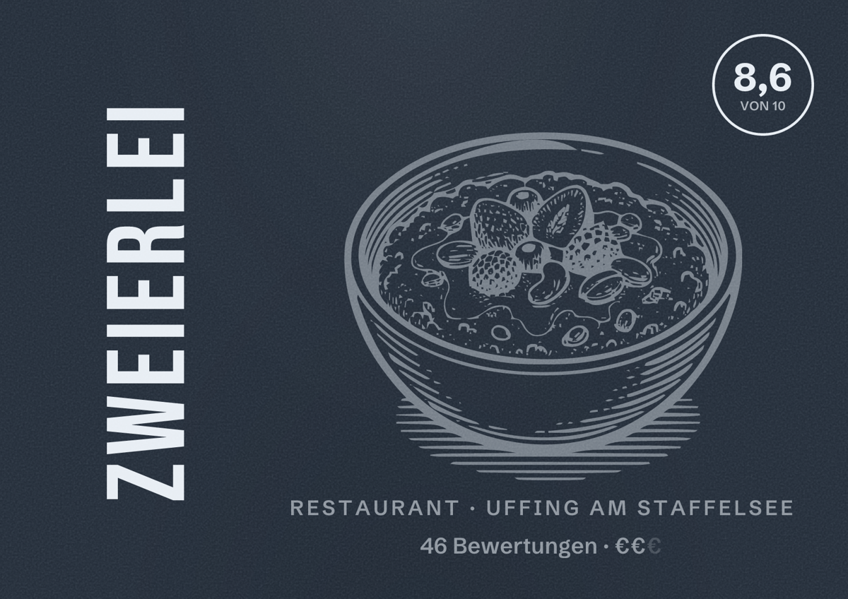 Illustriertes Poster von Zweierlei, Restaurant in Uffing am Staffelsee: Bewertung 8,6 von 10 aus 46 Bewertungen, Preisniveau €€