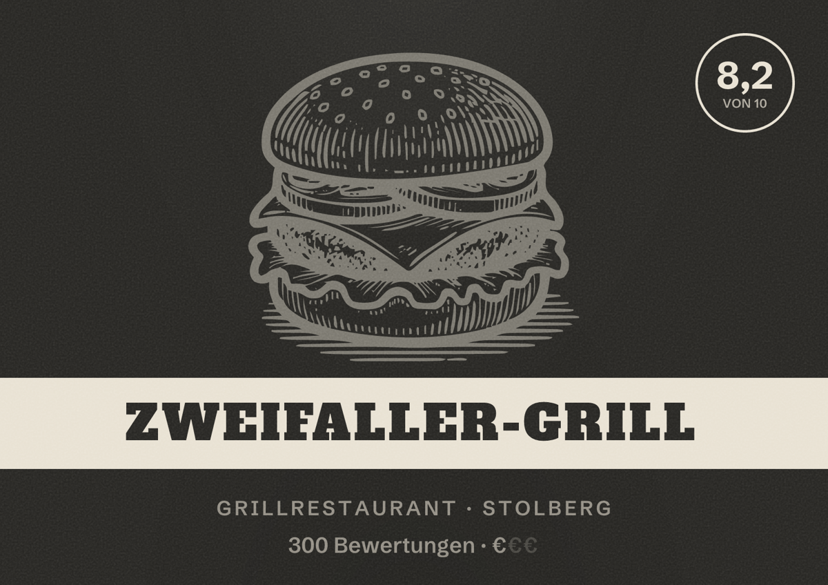 Illustriertes Poster von Zweifaller-Grill, Grillrestaurant in Stolberg: Bewertung 8,2 von 10 aus 300 Bewertungen, Preisniveau €