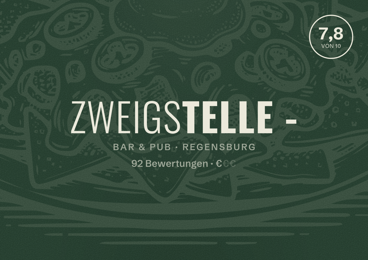 Illustriertes Poster von Zweigstelle -, Bar & Pub in Regensburg: Bewertung 7,8 von 10 aus 92 Bewertungen, Preisniveau €