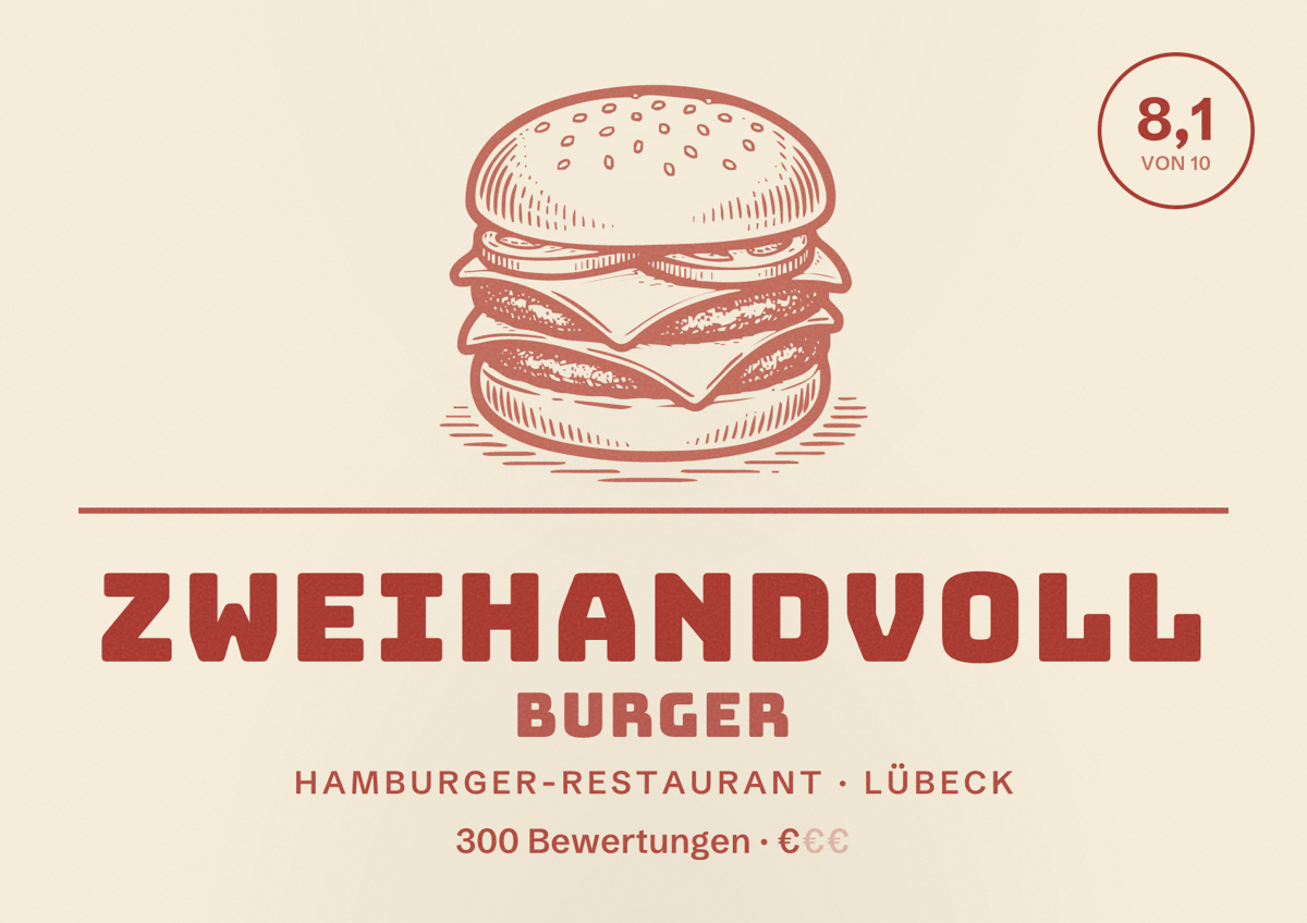 Illustriertes Poster von Zweihandvoll Burger, Hamburger-Restaurant in Lübeck: Bewertung 8,1 von 10 aus 300 Bewertungen, Preisniveau €