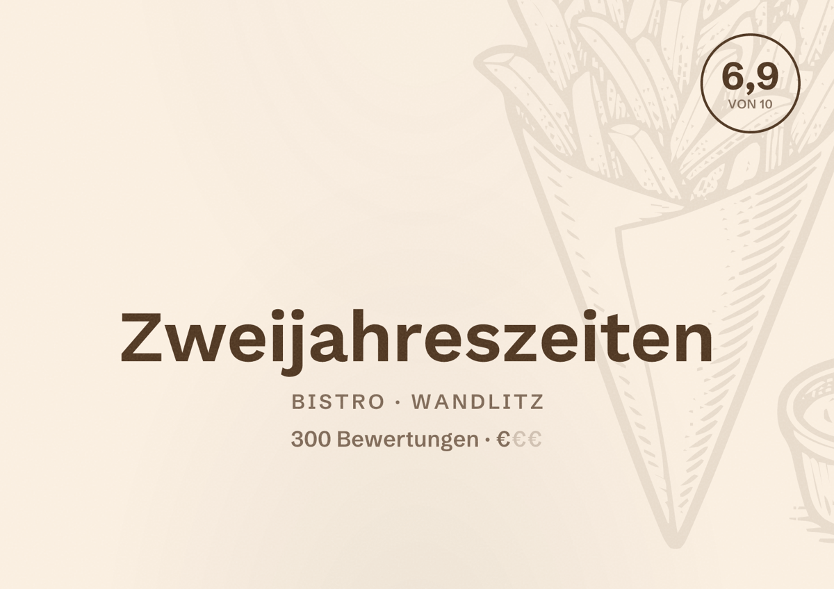 Illustriertes Poster von Zweijahreszeiten, Bistro in Wandlitz: Bewertung 6,9 von 10 aus 300 Bewertungen, Preisniveau €