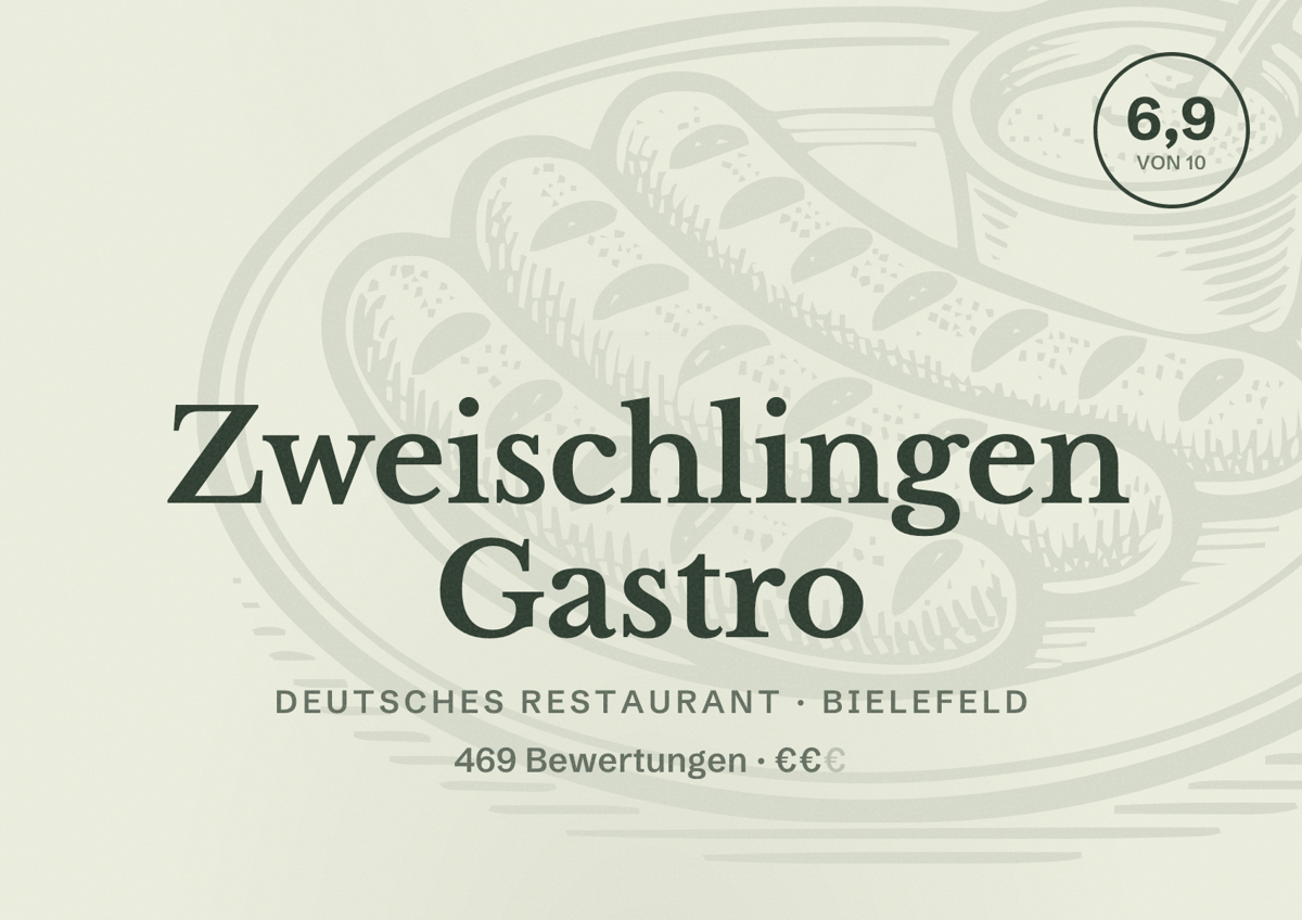 Illustriertes Poster von Zweischlingen Gastro, Deutsches Restaurant in Bielefeld: Bewertung 6,9 von 10 aus 469 Bewertungen, Preisniveau €€