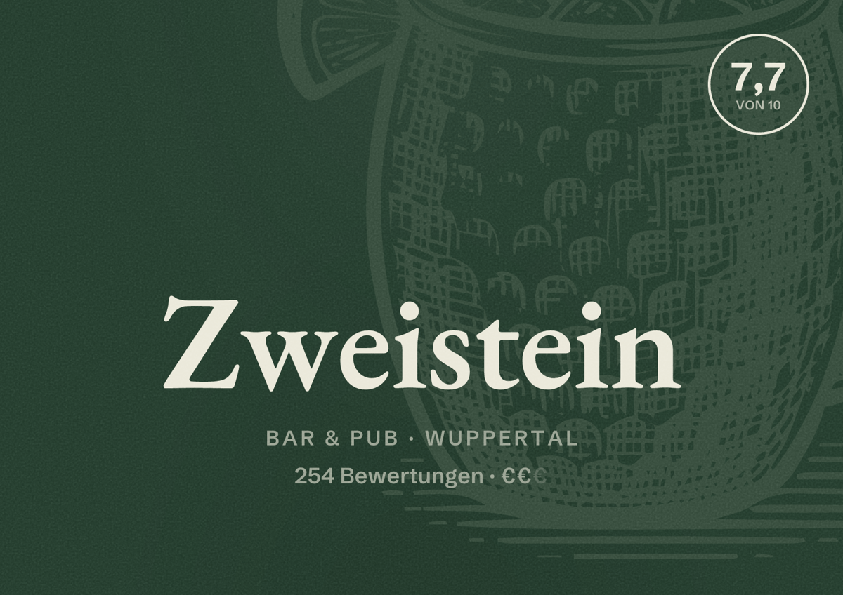 Illustriertes Poster von Zweistein, Bar & Pub in Wuppertal: Bewertung 7,7 von 10 aus 254 Bewertungen, Preisniveau €€