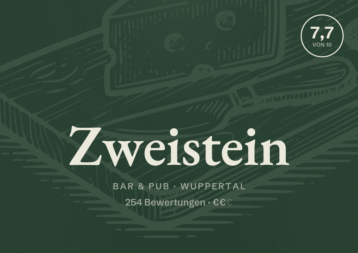 Illustriertes Poster von Zweistein, Bar & Pub in Wuppertal: Bewertung 7,7 von 10 aus 254 Bewertungen, Preisniveau €€