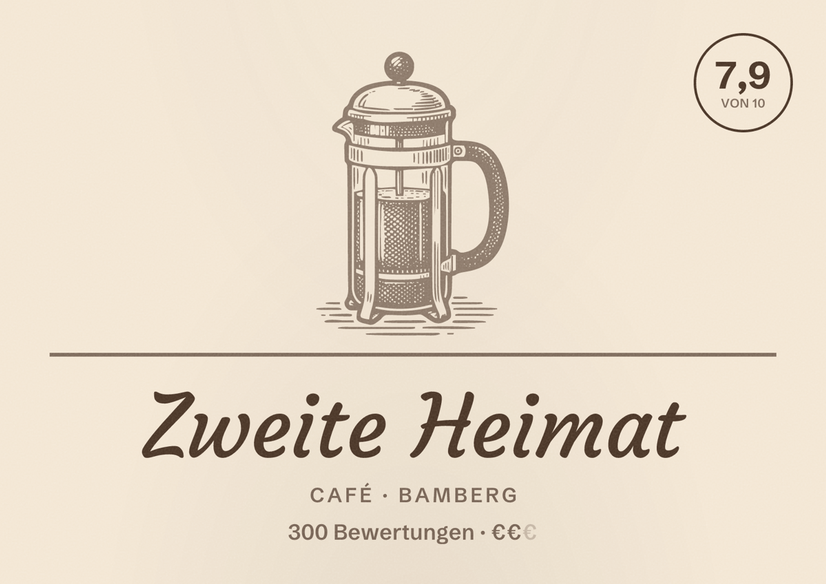 Illustriertes Poster von Zweite Heimat, Café in Bamberg: Bewertung 7,9 von 10 aus 300 Bewertungen, Preisniveau €€