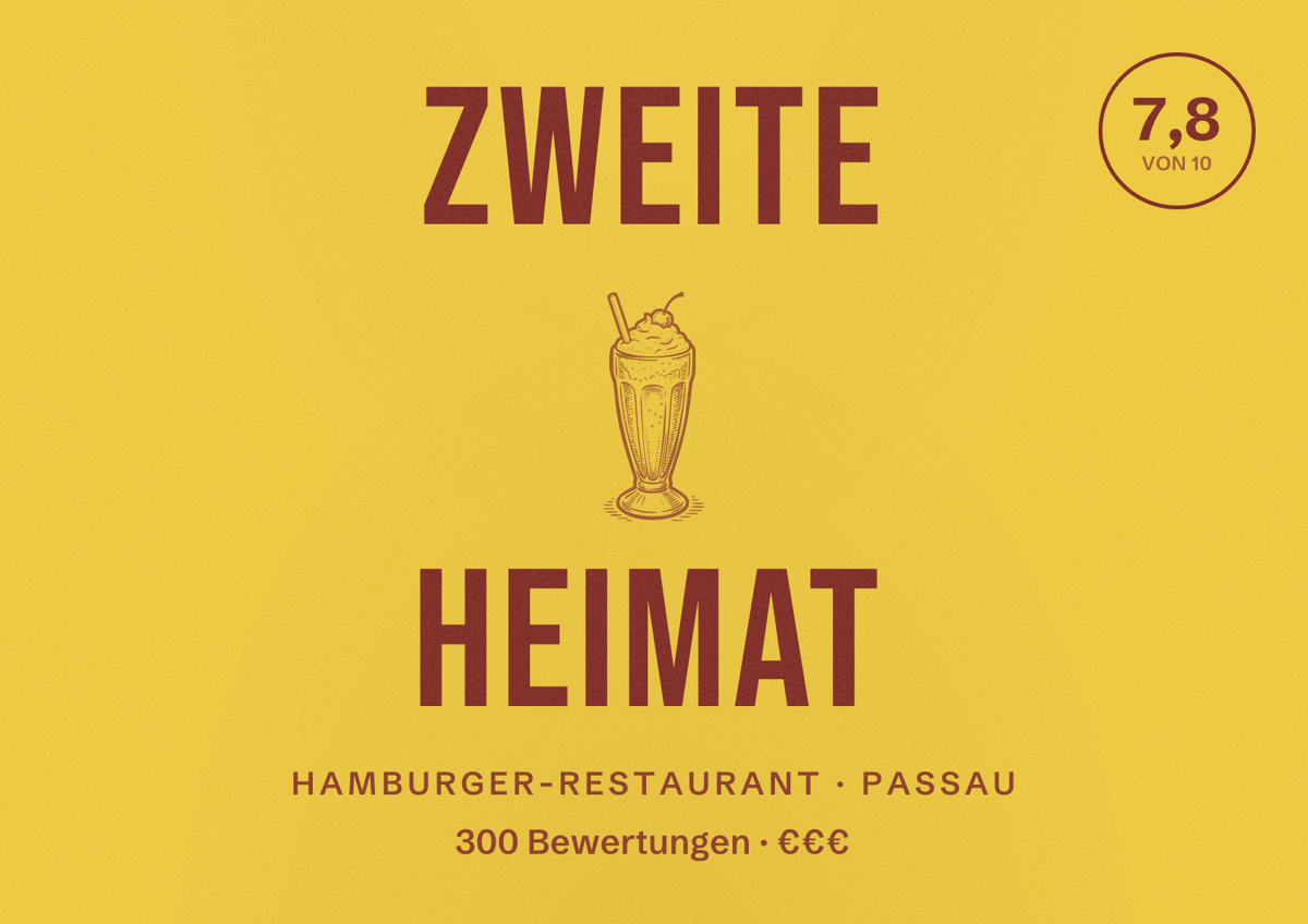 Illustriertes Poster von Zweite Heimat, Hamburger-Restaurant in Passau: Bewertung 7,8 von 10 aus 300 Bewertungen, Preisniveau €€€