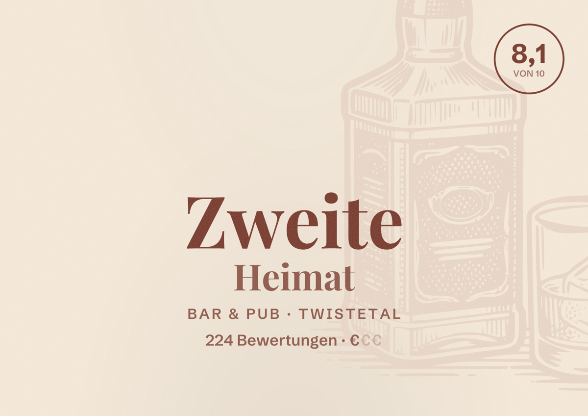 Illustriertes Poster von Zweite Heimat, Bar & Pub in Twistetal: Bewertung 8,1 von 10 aus 224 Bewertungen, Preisniveau €