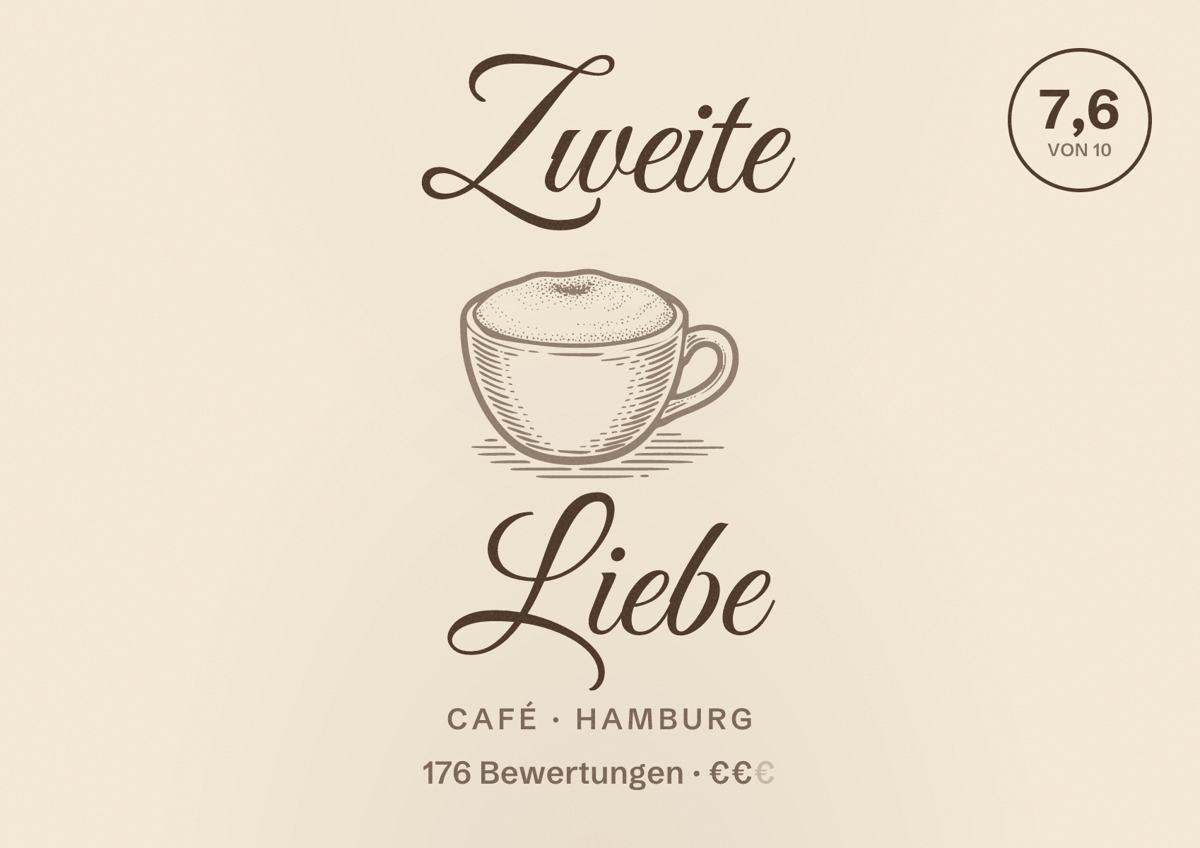 Illustriertes Poster von Zweite Liebe, Café in Hamburg: Bewertung 7,6 von 10 aus 176 Bewertungen, Preisniveau €€