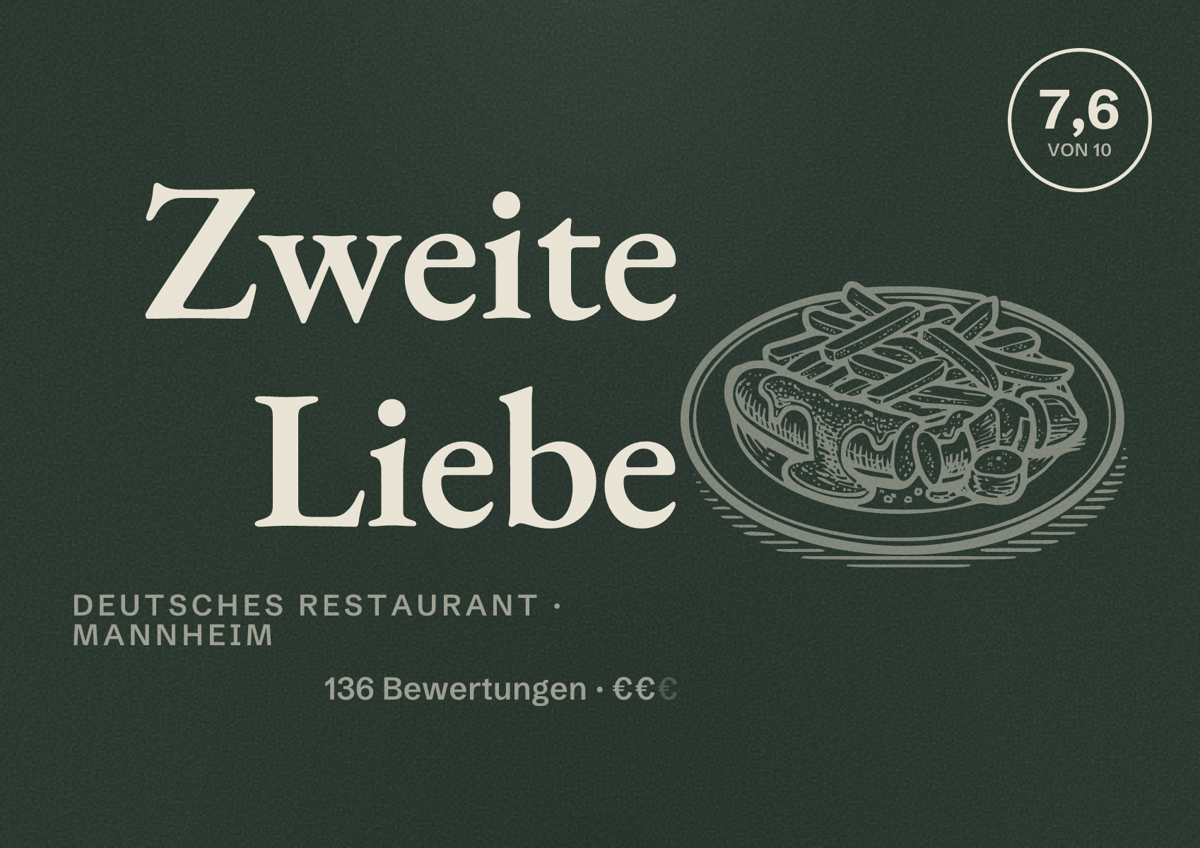 Illustriertes Poster von Zweite Liebe, Deutsches Restaurant in Mannheim: Bewertung 7,6 von 10 aus 136 Bewertungen, Preisniveau €€