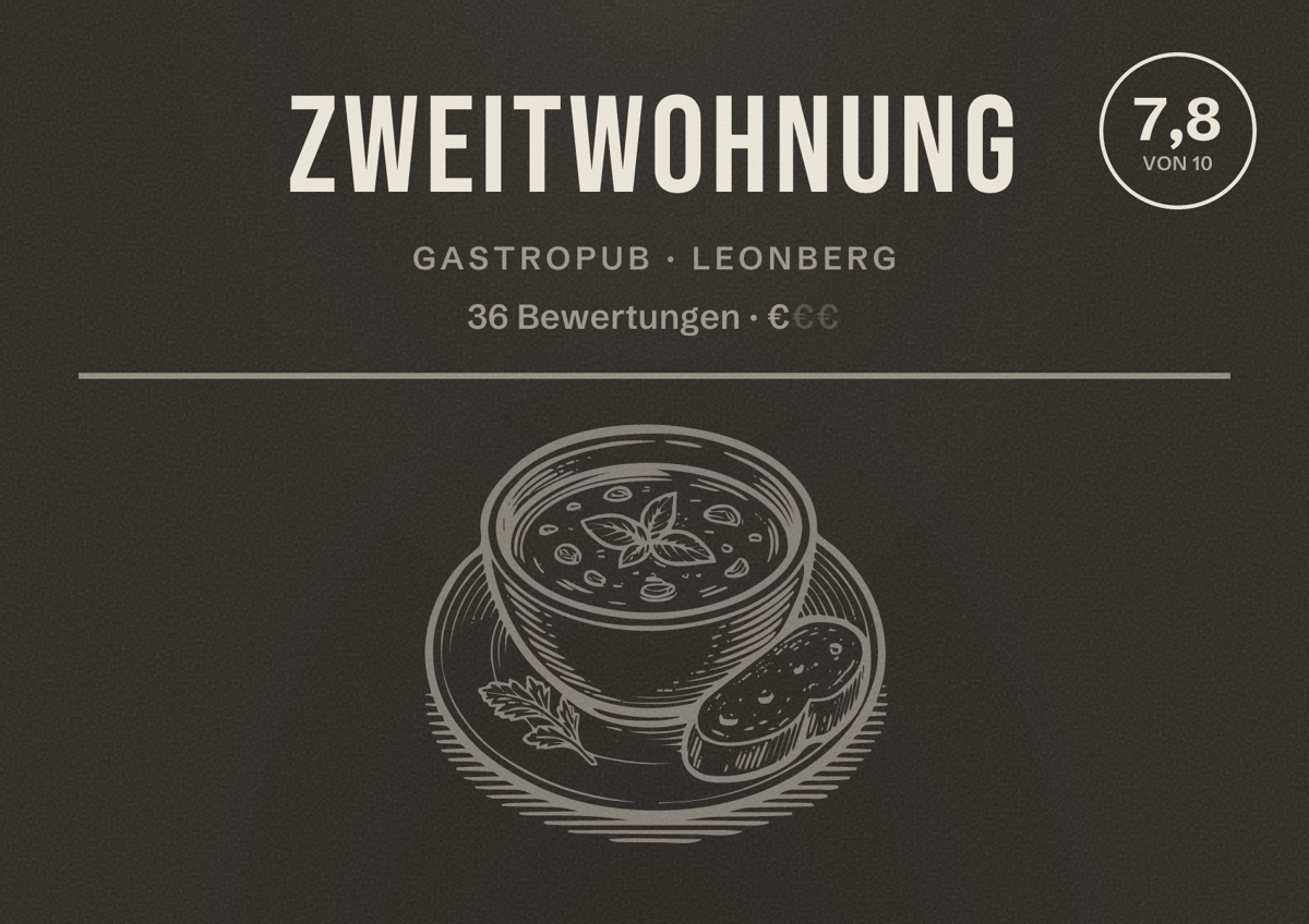 Illustriertes Poster von Zweitwohnung, Gastropub in Leonberg: Bewertung 7,8 von 10 aus 36 Bewertungen, Preisniveau €