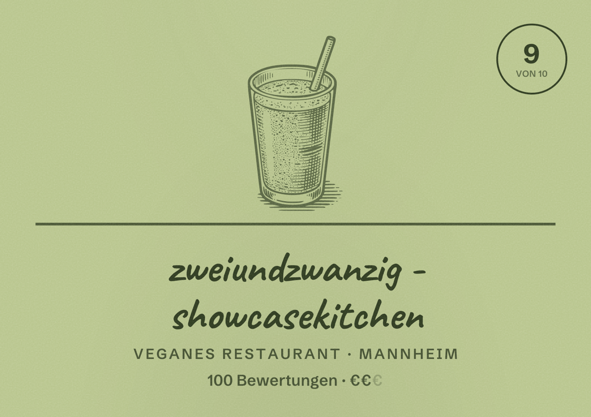 Illustriertes Poster von zweiundzwanzig - showcasekitchen, Veganes Restaurant in Mannheim: Bewertung 9 von 10 aus 100 Bewertungen, Preisniveau €€
