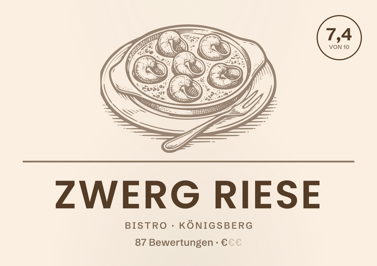 Illustriertes Poster von Zwerg Riese, Bistro in Königsberg: Bewertung 7,4 von 10 aus 87 Bewertungen, Preisniveau €