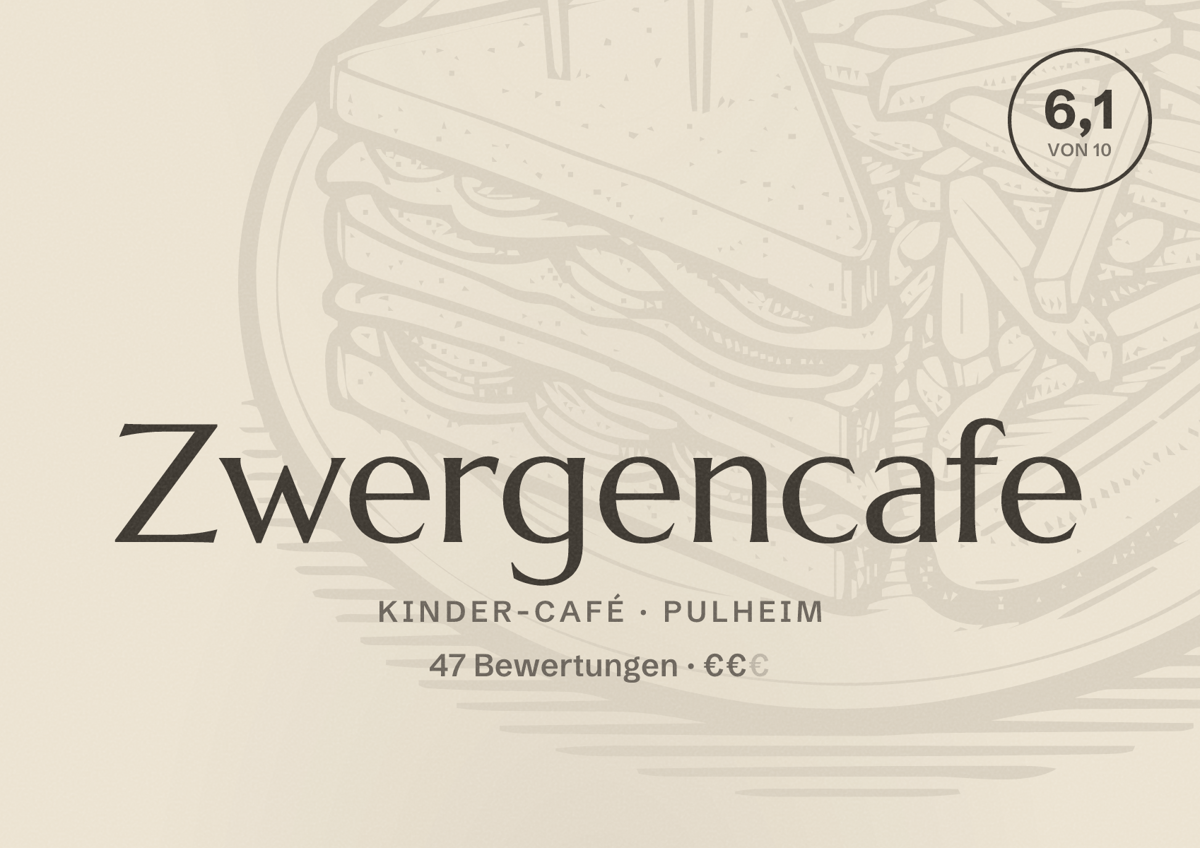 Illustriertes Poster von Zwergencafe, Kinder-Café in Pulheim: Bewertung 6,1 von 10 aus 47 Bewertungen, Preisniveau €€