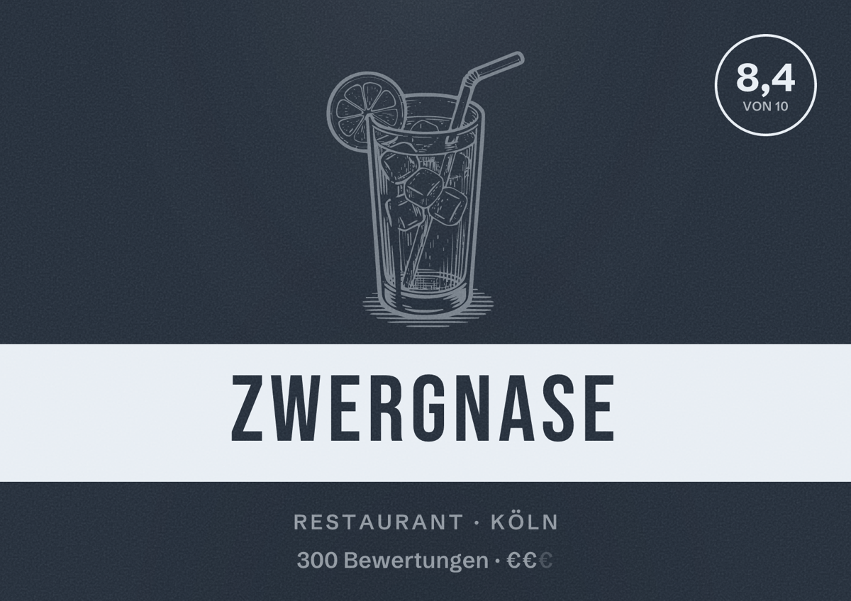 Illustriertes Poster von Zwergnase, Restaurant in Köln: Bewertung 8,4 von 10 aus 300 Bewertungen, Preisniveau €€