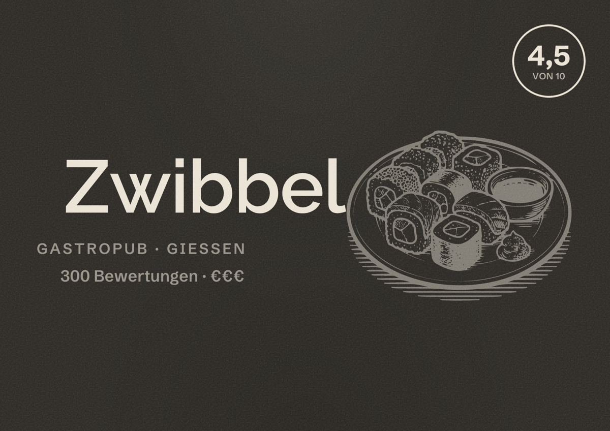 Illustriertes Poster von Zwibbel, Gastropub in Gießen: Bewertung 4,5 von 10 aus 300 Bewertungen, Preisniveau €€€