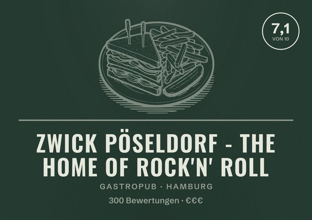 Illustriertes Poster von ZWICK Pöseldorf - The Home of Rock'n' Roll, Gastropub in Hamburg: Bewertung 7,1 von 10 aus 300 Bewertungen, Preisniveau €€€