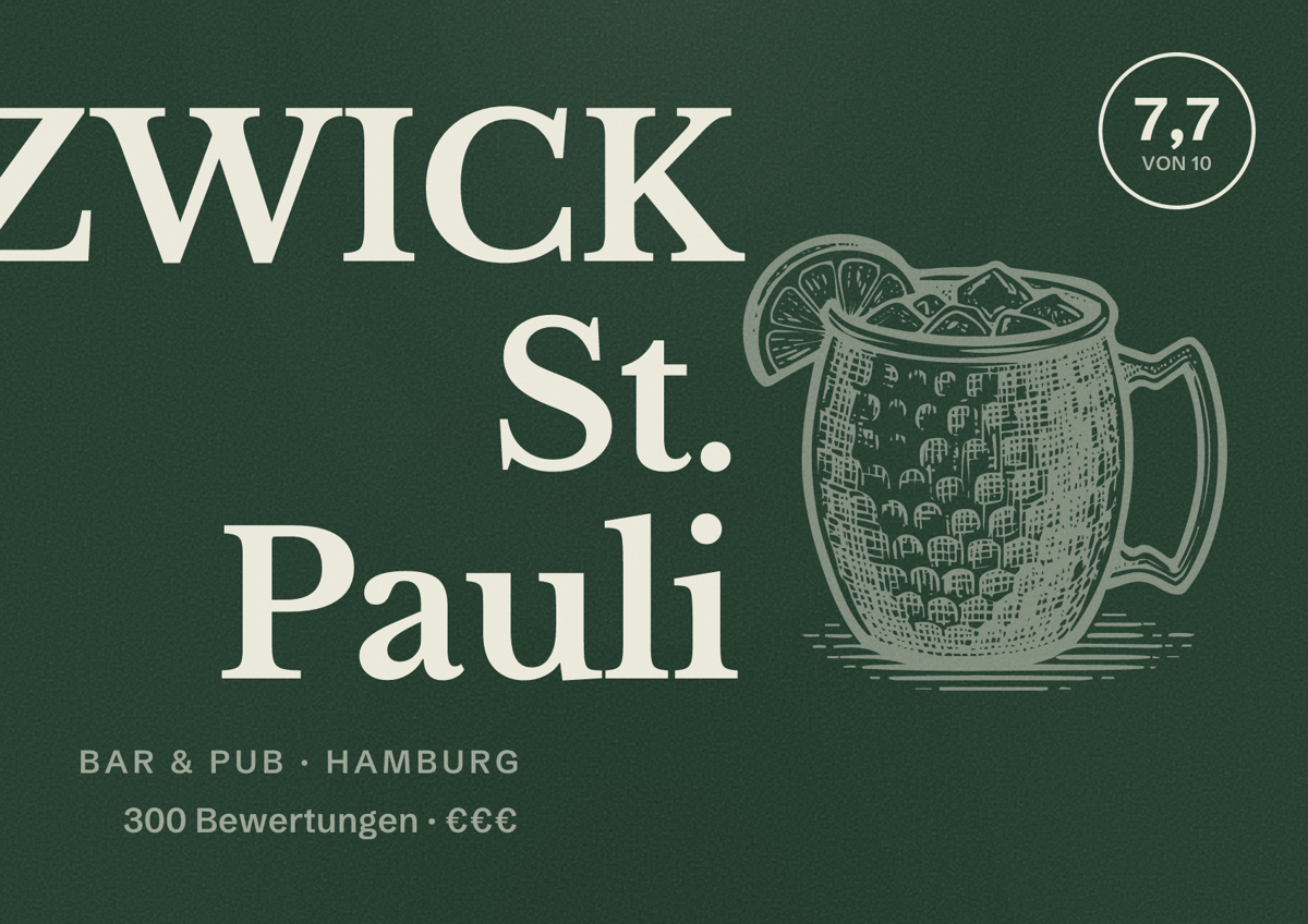 Illustriertes Poster von ZWICK St. Pauli, Bar & Pub in Hamburg: Bewertung 7,7 von 10 aus 300 Bewertungen, Preisniveau €€€