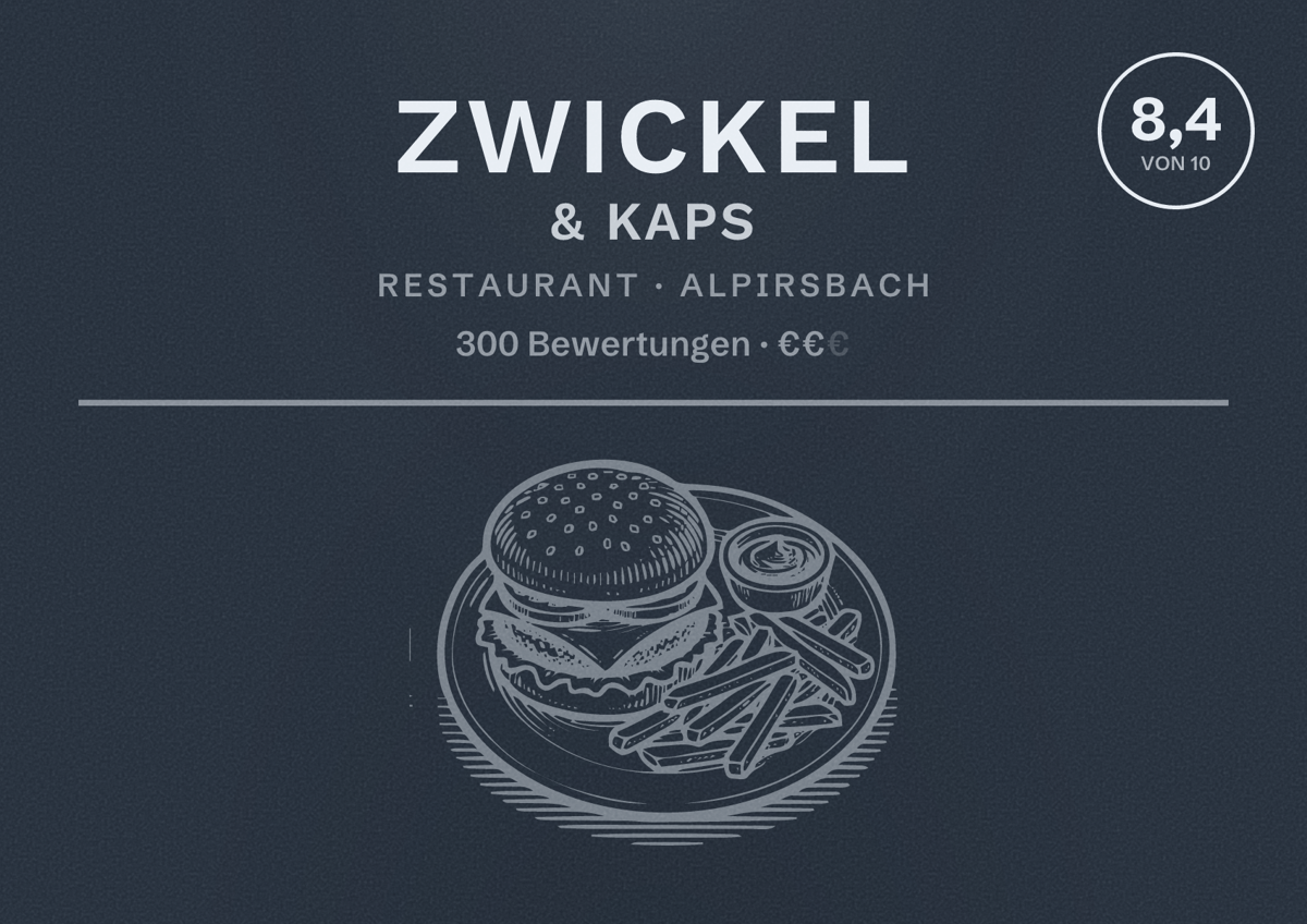 Illustriertes Poster von Zwickel & Kaps, Restaurant in Alpirsbach: Bewertung 8,4 von 10 aus 300 Bewertungen, Preisniveau €€