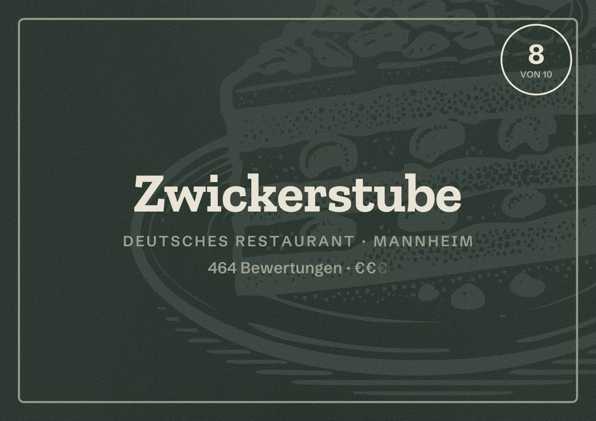 Illustriertes Poster von Zwickerstube, Deutsches Restaurant in Mannheim: Bewertung 8 von 10 aus 464 Bewertungen, Preisniveau €€