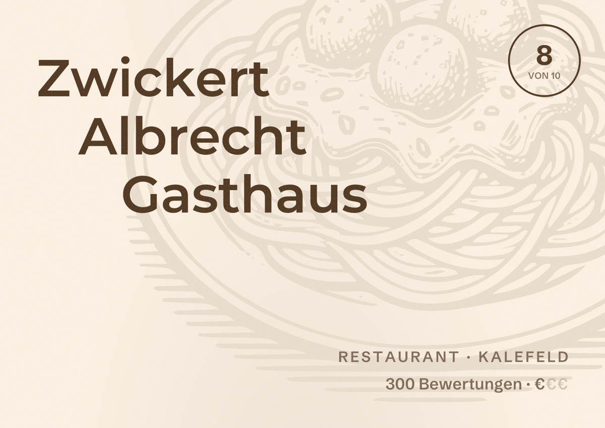 Illustriertes Poster von Zwickert Albrecht Gasthaus, Restaurant in Kalefeld: Bewertung 8 von 10 aus 300 Bewertungen, Preisniveau €