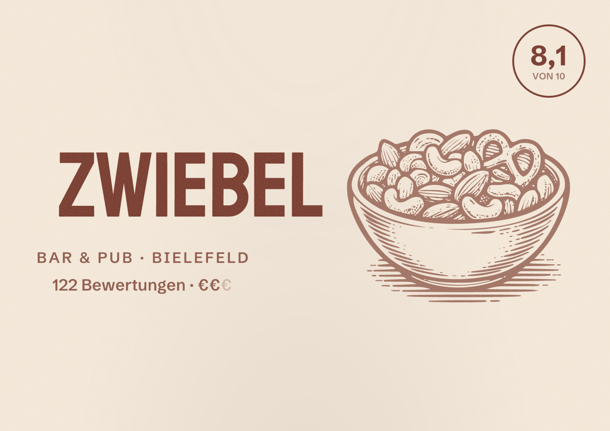 Illustriertes Poster von Zwiebel, Bar & Pub in Bielefeld: Bewertung 8,1 von 10 aus 122 Bewertungen, Preisniveau €€