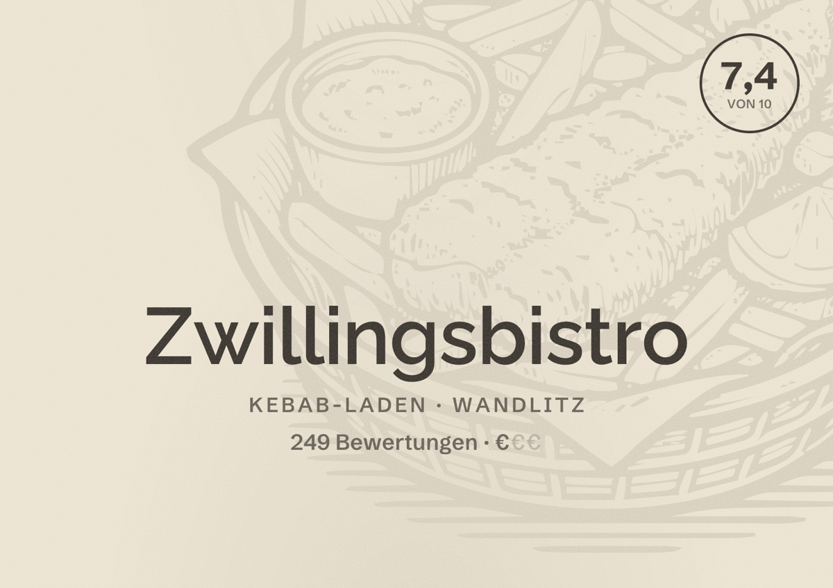 Illustriertes Poster von Zwillingsbistro, Kebab-Laden in Wandlitz: Bewertung 7,4 von 10 aus 249 Bewertungen, Preisniveau €