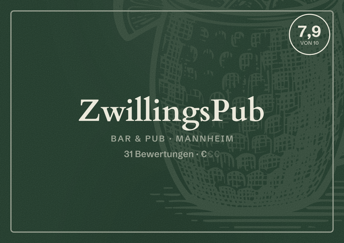 Illustriertes Poster von ZwillingsPub, Bar & Pub in Mannheim: Bewertung 7,9 von 10 aus 31 Bewertungen, Preisniveau €