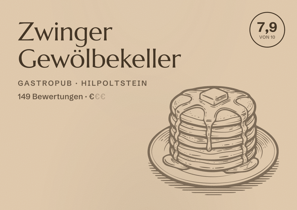 Illustriertes Poster von Zwinger Gewölbekeller, Gastropub in Hilpoltstein: Bewertung 7,9 von 10 aus 149 Bewertungen, Preisniveau €