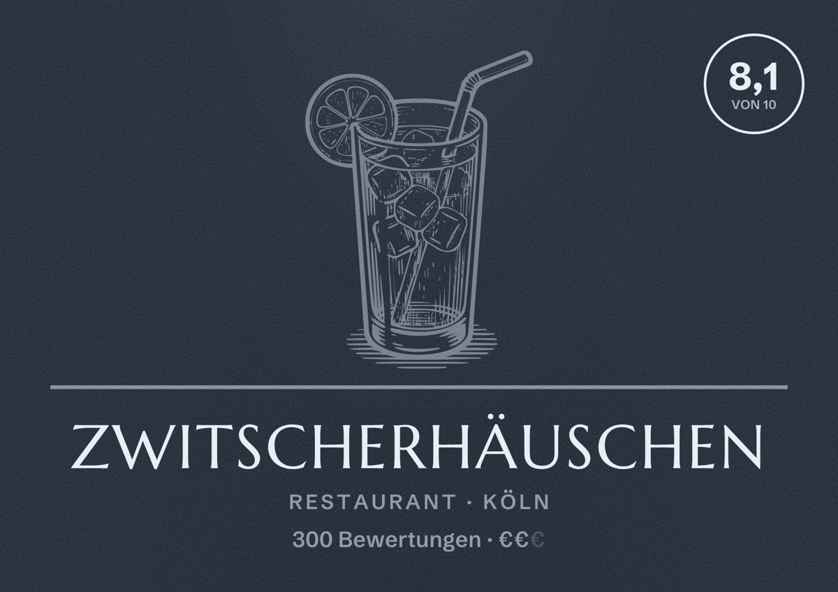 Illustriertes Poster von Zwitscherhäuschen, Restaurant in Köln: Bewertung 8,1 von 10 aus 300 Bewertungen, Preisniveau €€