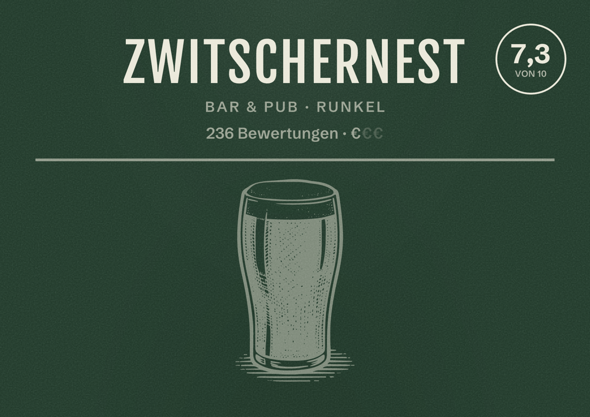 Illustriertes Poster von Zwitschernest, Bar & Pub in Runkel: Bewertung 7,3 von 10 aus 236 Bewertungen, Preisniveau €