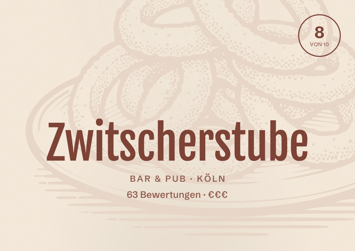 Illustriertes Poster von Zwitscherstube, Bar & Pub in Köln: Bewertung 8,0 von 10 aus 63 Bewertungen, Preisniveau €€€