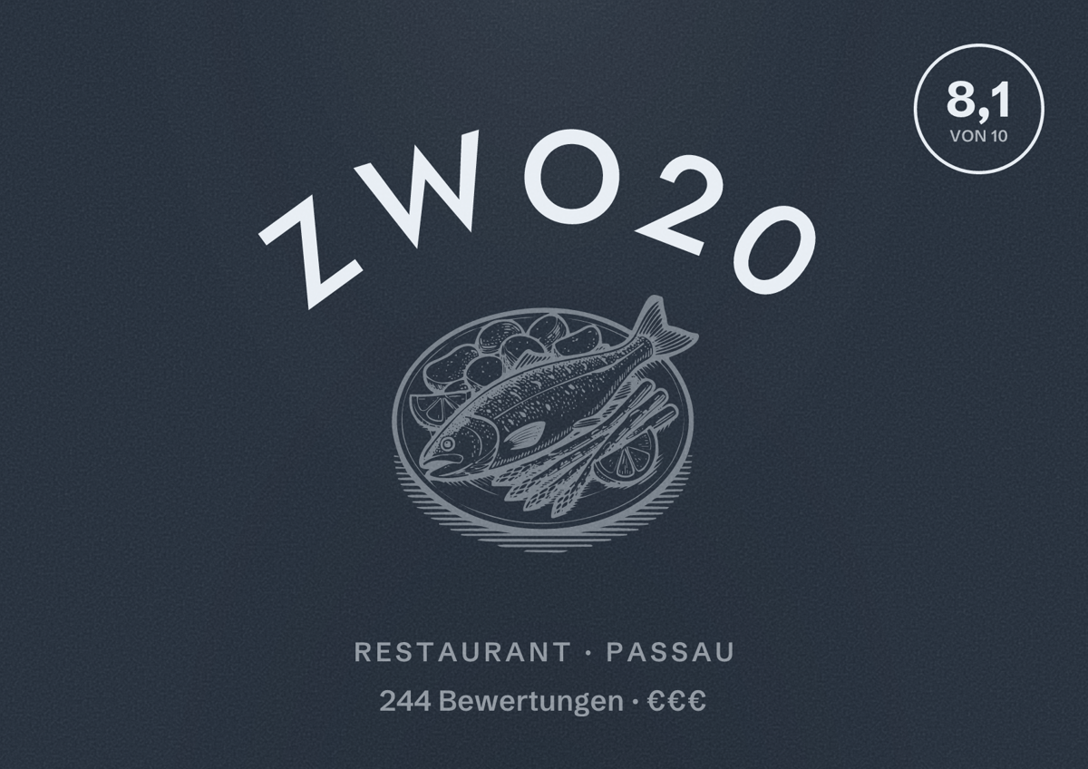 Illustriertes Poster von Zwo20, Restaurant in Passau: Bewertung 8,1 von 10 aus 244 Bewertungen, Preisniveau €€€