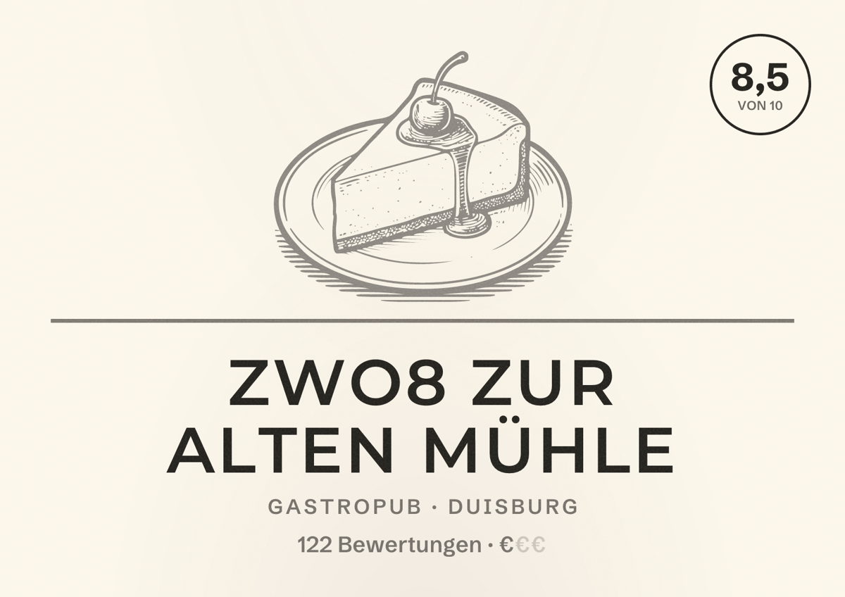 Illustriertes Poster von Zwo8 zur alten Mühle, Gastropub in Duisburg: Bewertung 8,5 von 10 aus 122 Bewertungen, Preisniveau €