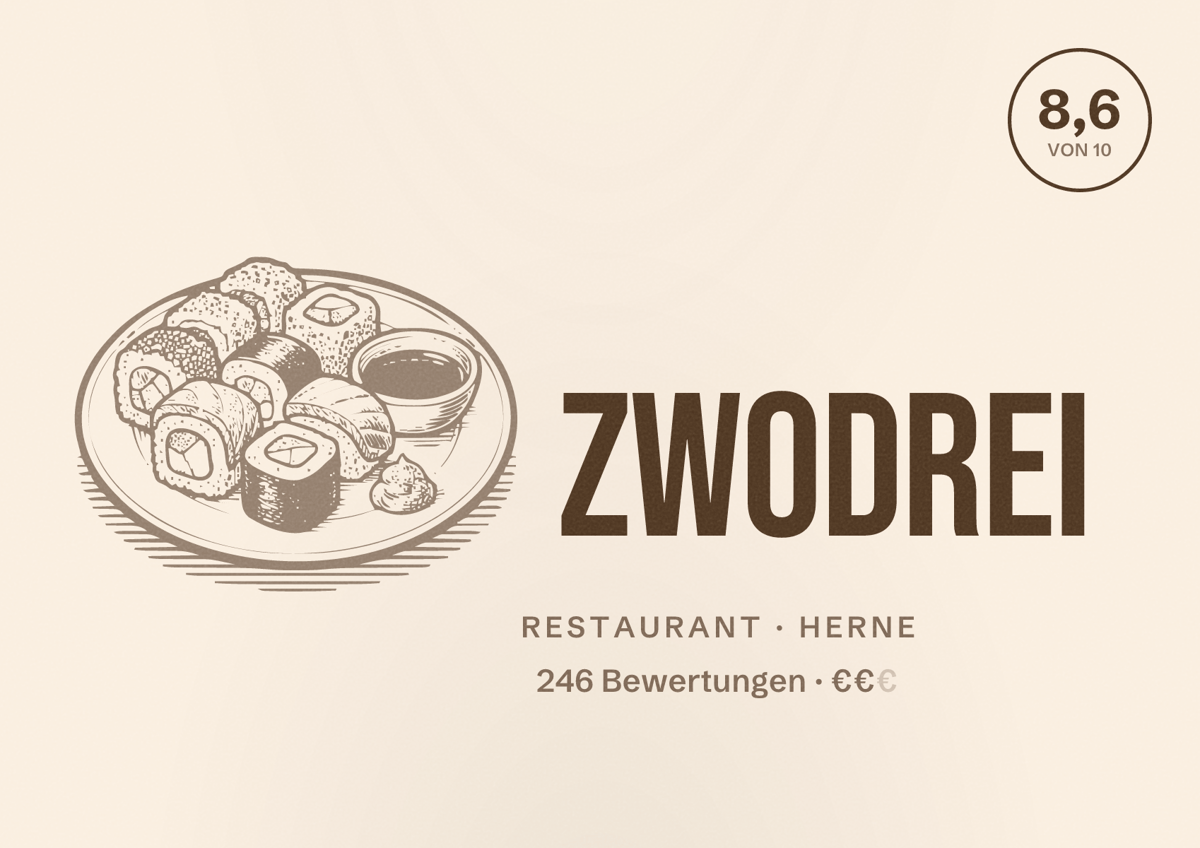 Illustriertes Poster von ZwoDrei, Restaurant in Herne: Bewertung 8,6 von 10 aus 246 Bewertungen, Preisniveau €€