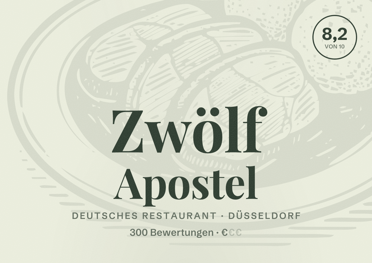 Illustriertes Poster von Zwölf Apostel, Deutsches Restaurant in Düsseldorf: Bewertung 8,2 von 10 aus 300 Bewertungen, Preisniveau €