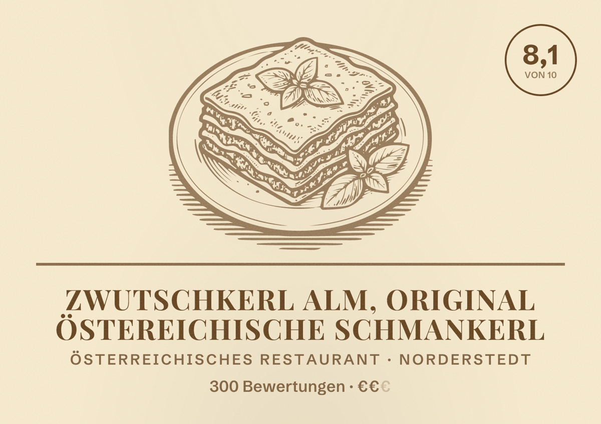 Illustriertes Poster von Zwutschkerl Alm, original östereichische Schmankerl, Österreichisches Restaurant in Norderstedt: Bewertung 8,1 von 10 aus 300 Bewertungen, Preisniveau €€