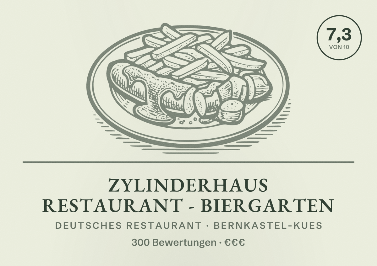Illustriertes Poster von Zylinderhaus Restaurant - Biergarten, Deutsches Restaurant in Bernkastel-Kues: Bewertung 7,3 von 10 aus 300 Bewertungen, Preisniveau €€€