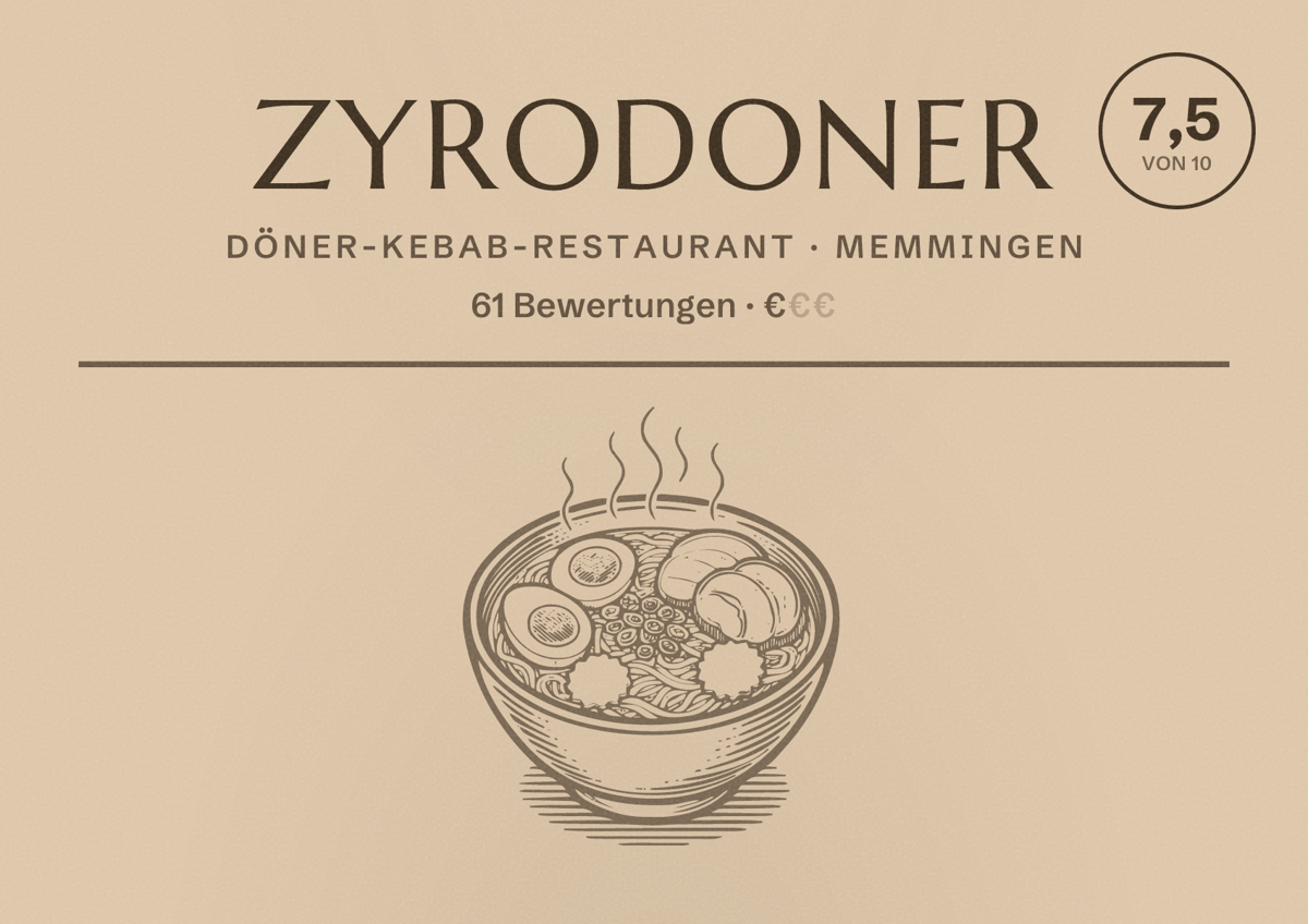 Illustriertes Poster von zyrodoner, Döner-Kebab-Restaurant in Memmingen: Bewertung 7,5 von 10 aus 61 Bewertungen, Preisniveau €