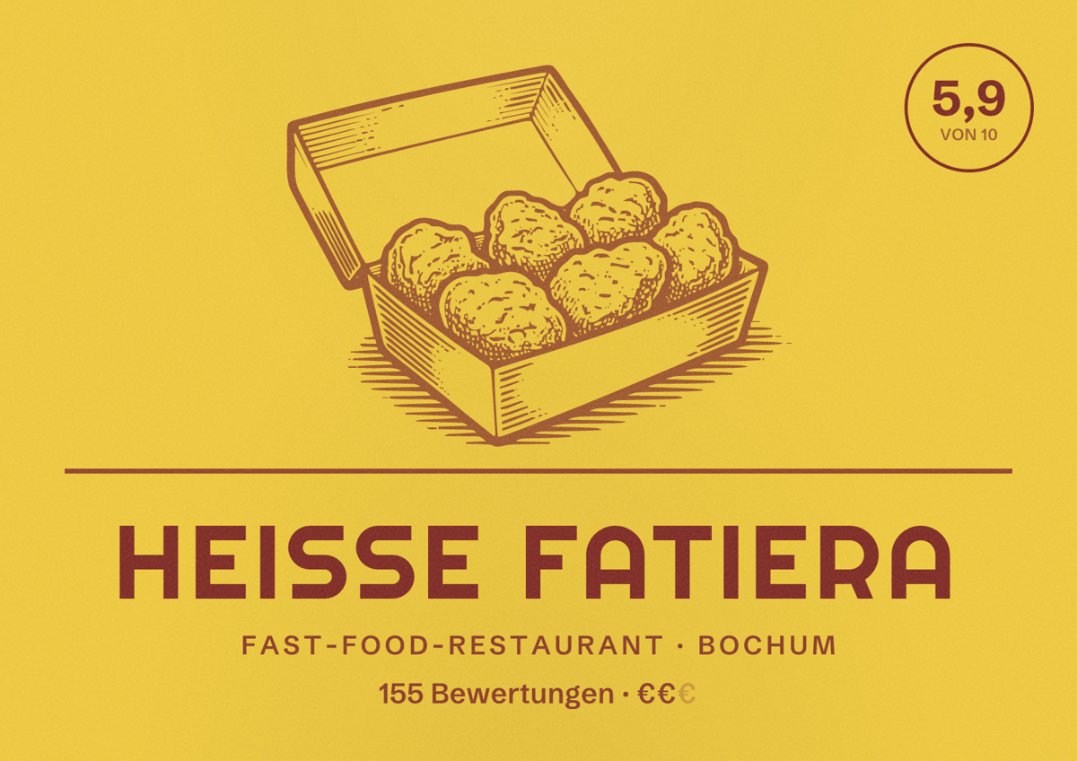 Illustriertes Poster von Heiße Fatiera, Fast-Food-Restaurant in Bochum: Gästebewertung 5,9 von 10 aus 155 Bewertungen