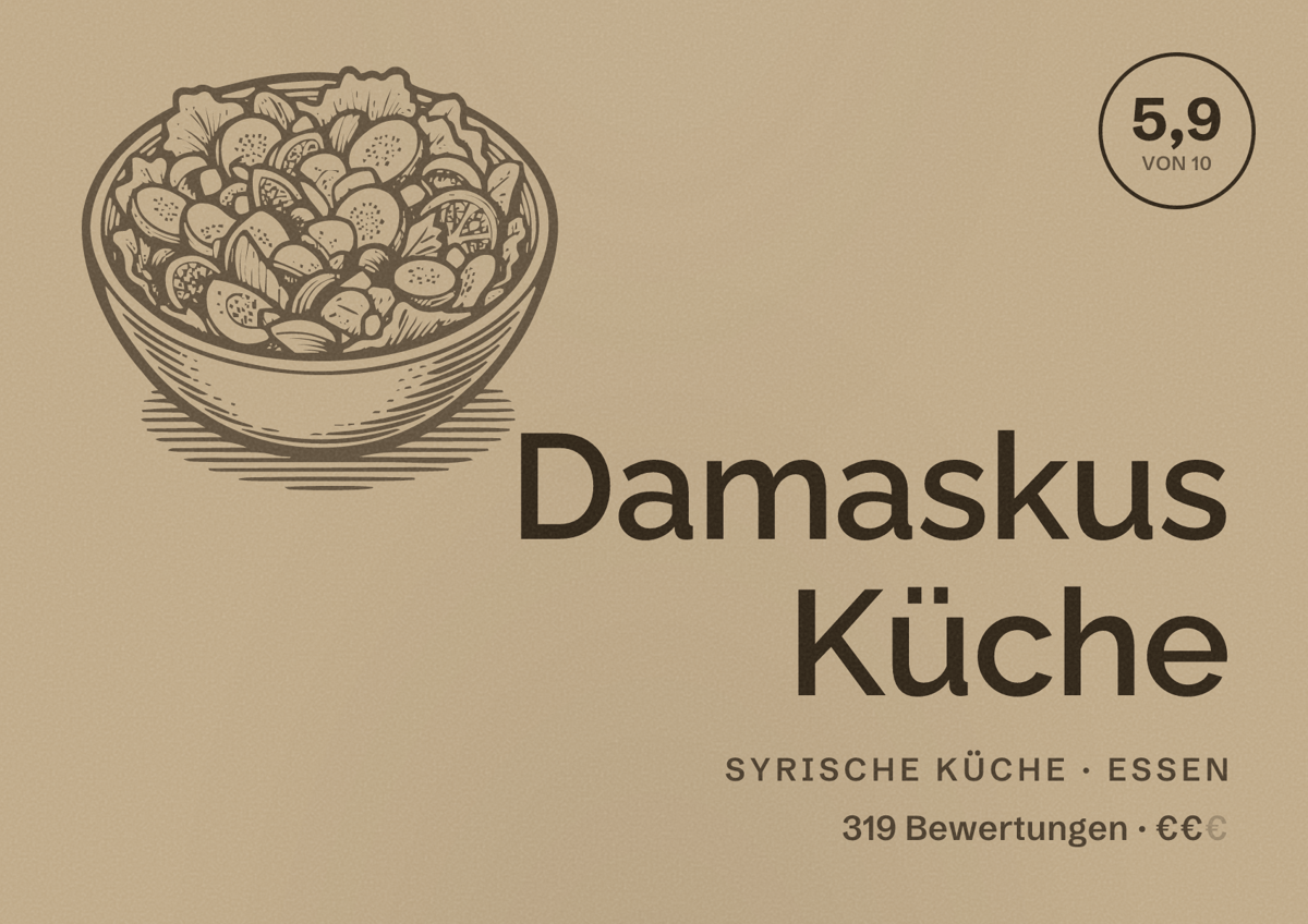 Illustriertes Poster von Damaskus Küche, Syrische Küche in Essen: Bewertung 5,9 von 10 aus 319 Bewertungen, Preisniveau €€