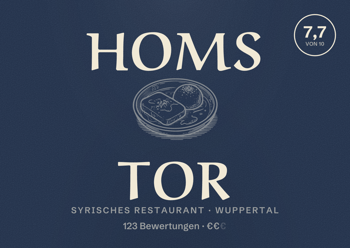 Illustriertes Poster von Homs Tor, Syrisches Restaurant in Wuppertal: Bewertung 7,7 von 10 aus 123 Bewertungen, Preisniveau €€