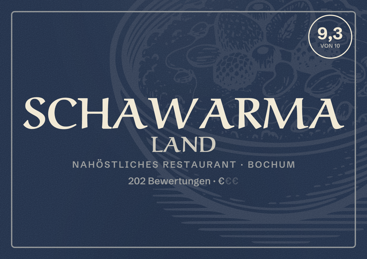 Illustriertes Poster von SCHAWARMA LAND, Nahöstliches Restaurant in Bochum: Bewertung 9,3 von 10 aus 202 Bewertungen, Preisniveau €