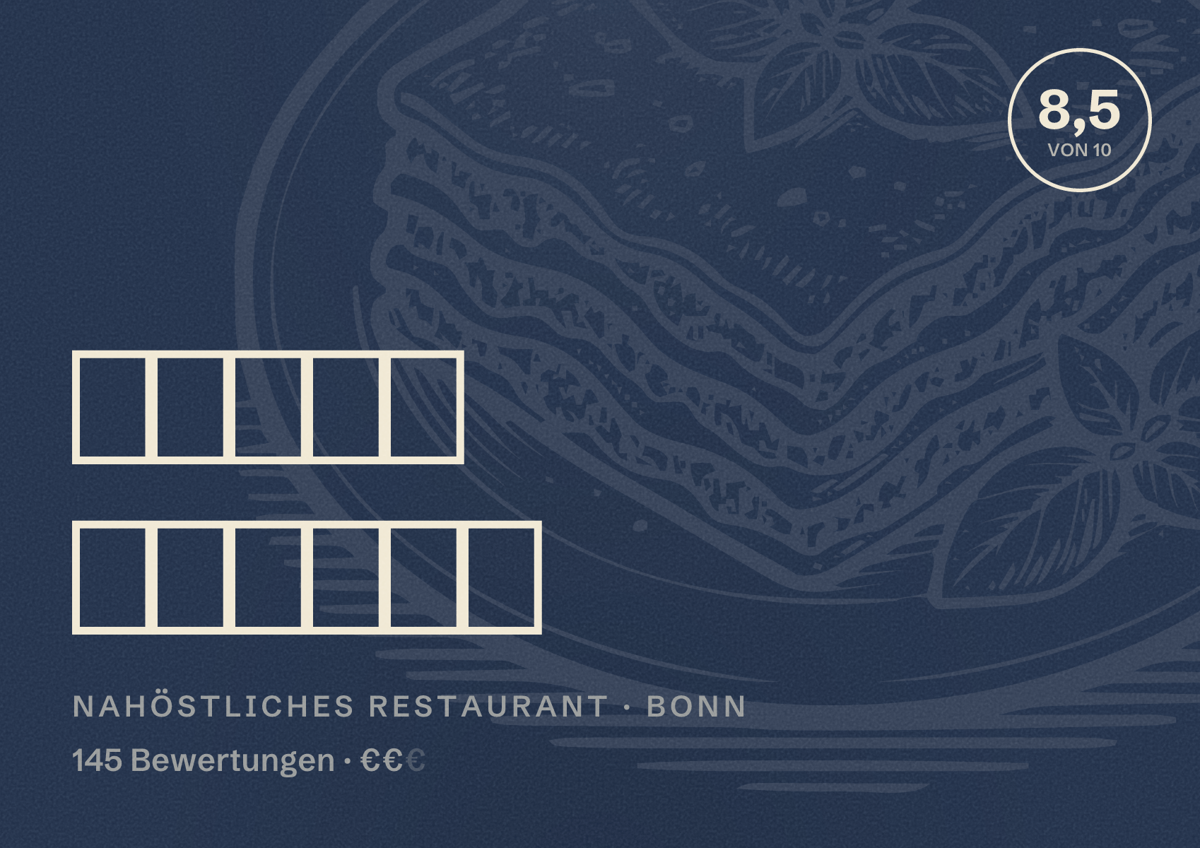 Illustriertes Poster von فطائر الأسمر, Nahöstliches Restaurant in Bonn: Bewertung 8,5 von 10 aus 145 Bewertungen, Preisniveau €€